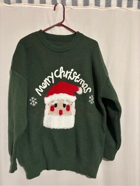 Green 2XL 'Merry Christmas' Santa’s Face Knit Sweater Snowflakes